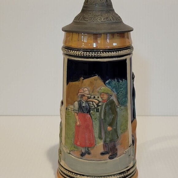 Vintage German Beer Stein Pewter Lid 8.5 in Tall Hand Painted Couple 0.5 L - Picture 3 of 16